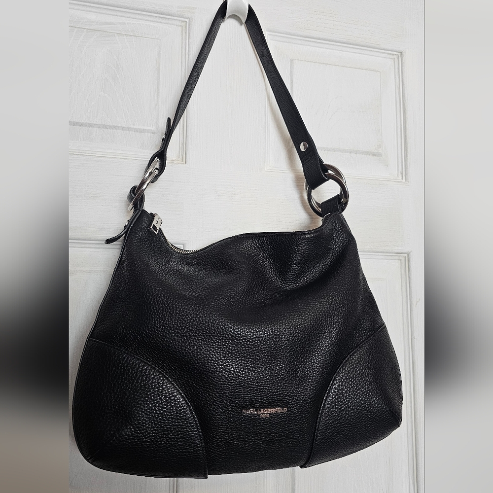 Karl Lagerfeld Paris Black Pebbled Leather Hobo Shoulder Bag Silver Hardware